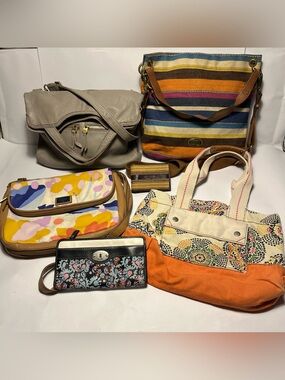 Large Fossil LOT Purse Wallet Floral Crossbody Shoulder Bag Boho Leather Canvas